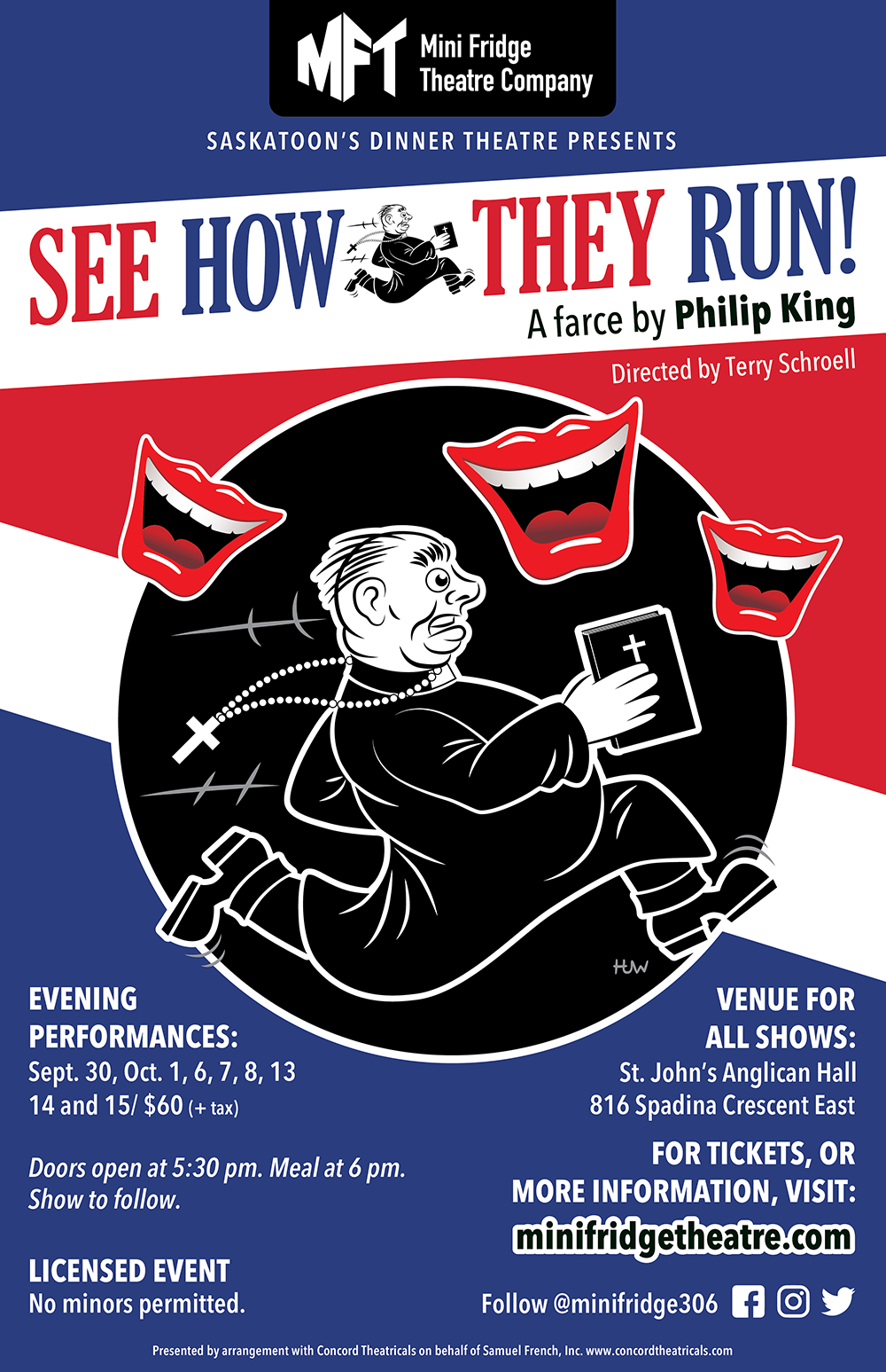 Poster for Mini Fridge Theatre Company's 2022 live dinner theatre production of Philip King's See How They Run in Saskatoon, Saskatchewan