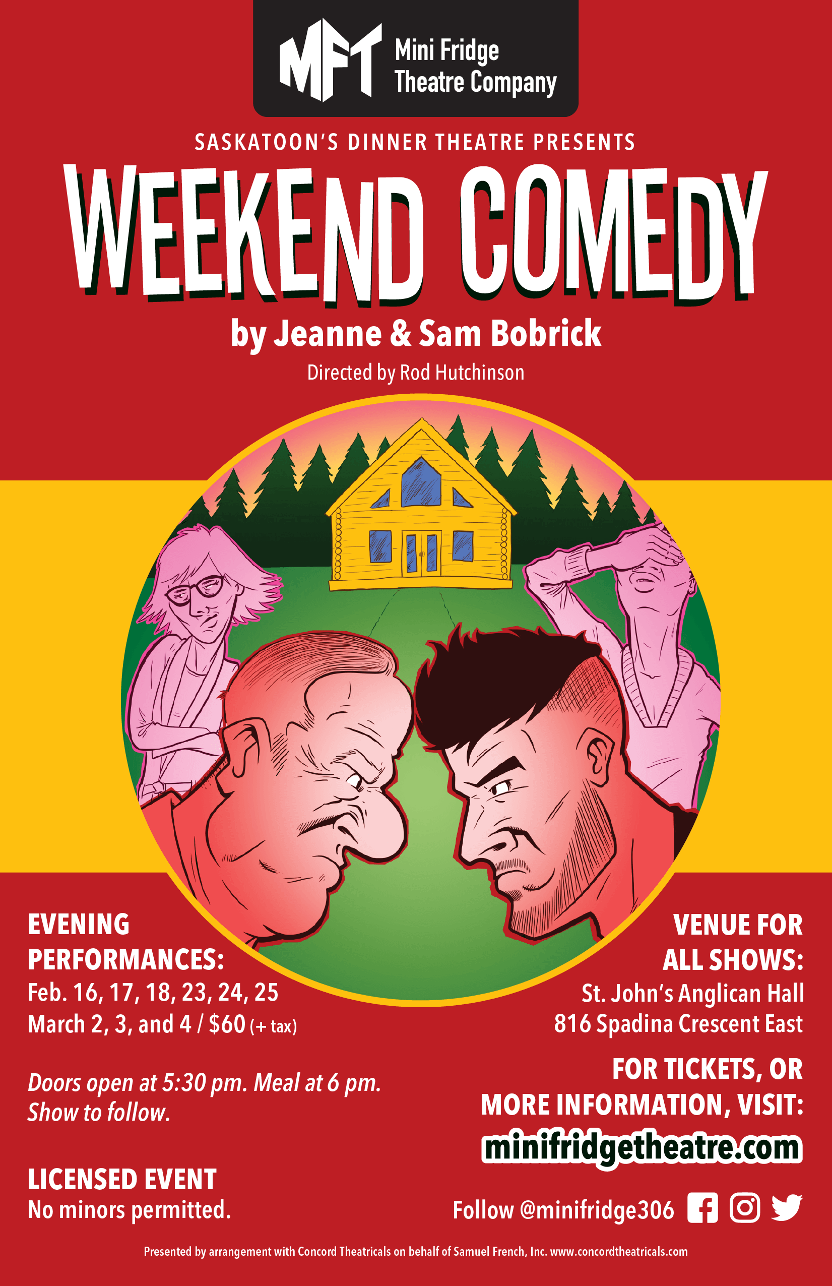 Poster for Mini Fridge Theatre Company's 2023 live dinner theatre production of Jeanne and Sam Bobrick's Weekend Comedy in Saskatoon, Saskatchewan