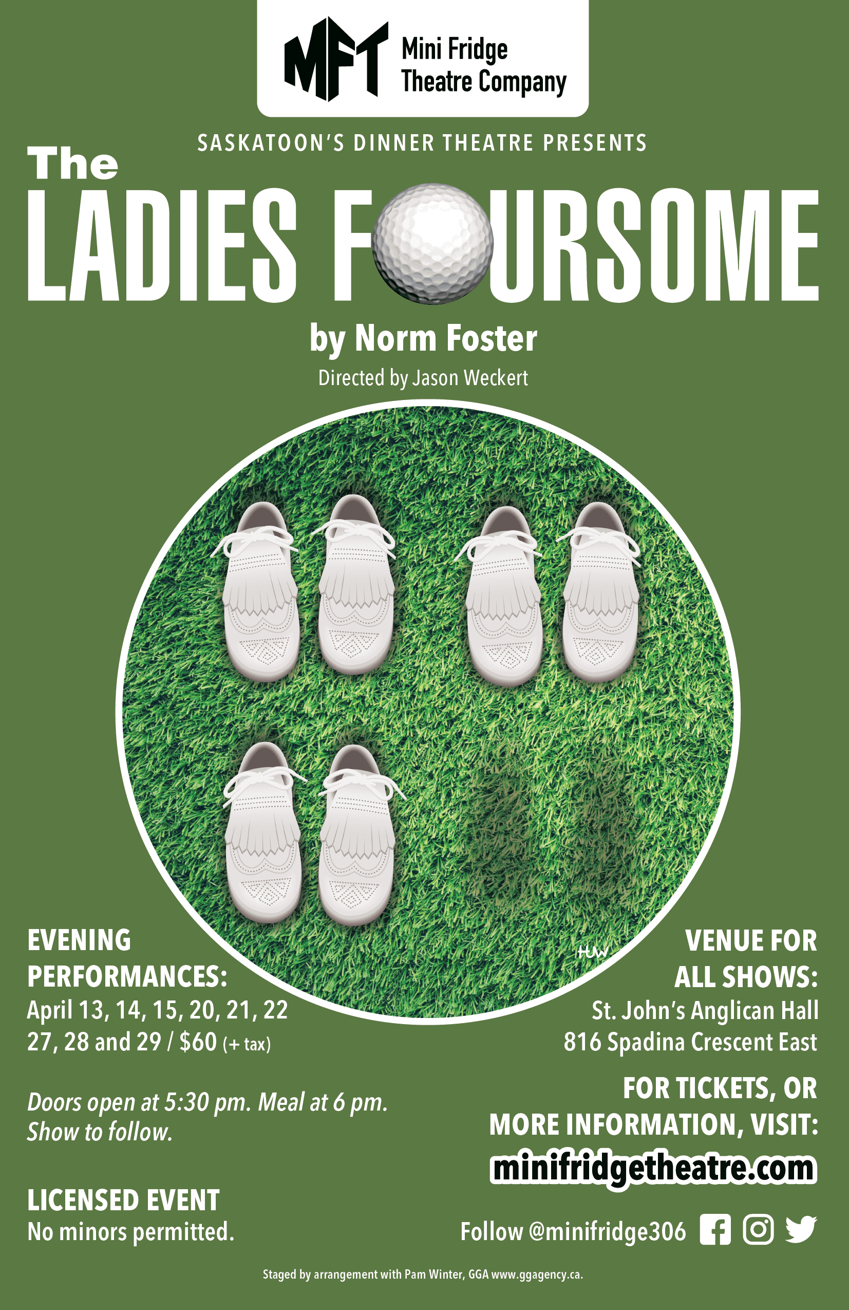 Poster for Mini Fridge Theatre Company's 2023 live dinner theatre production of Norm Foster's The Ladies Foursome in Saskatoon, Saskatchewan